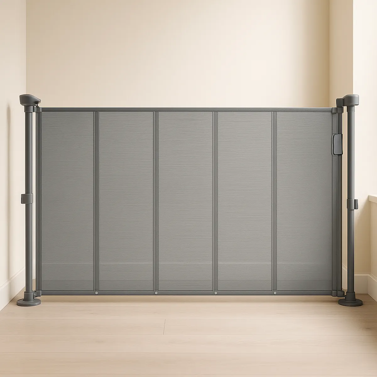 Gray SnugGate mesh gate extended wall to wall in a hallway, the panel held flat between two dark gray poles with the bottom edge close to the wood floor