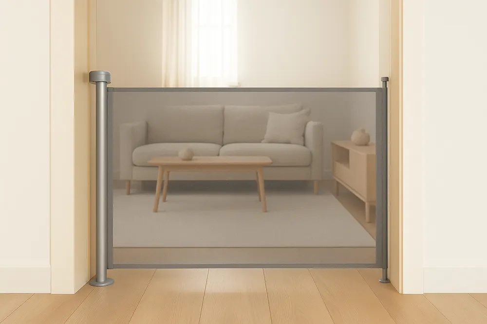 SnugGate mesh baby gate installed in a doorway, opening onto a living room with a sofa and coffee table